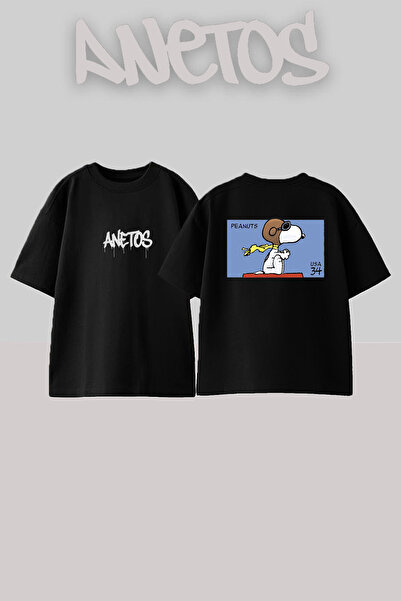 Anetos Peanuts Snoopy Дизайн На спині принт Бавовна Чорний Oversize Футболка