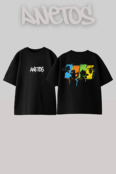 Anetos Pokemon Design Spate cu imprimeu Bumbac Negru supradimensionat tricou