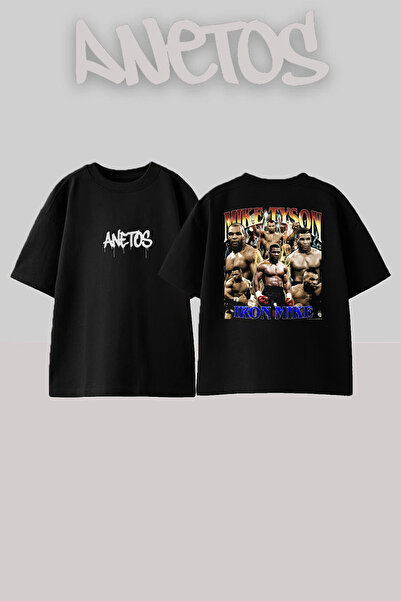 Anetos Μπλούζα Mike Tyson 2 Σχεδίαση με τύπωμα στην πλάτη από βαμβάκι Μαύρη Oversized