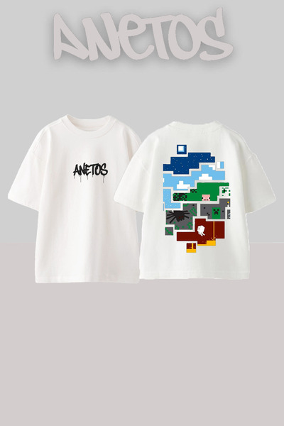 Anetos Μπλουζάκι Mınecarft World Design Back με τύπωμα Cotton White oversized