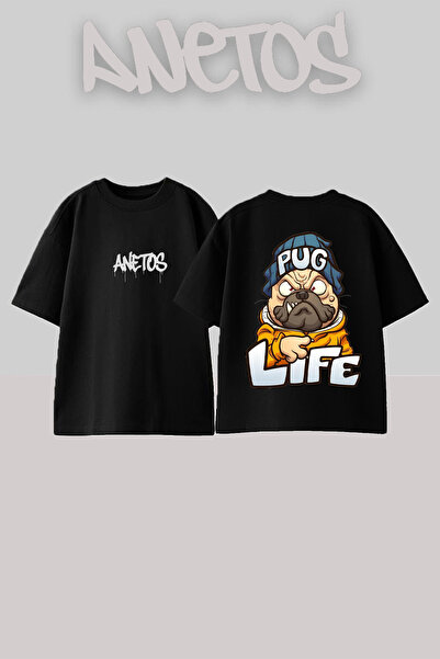 Anetos تي شيرت أسود كبير الحجم من القطن مطبوع عليه تصميم كلب من Pug Life