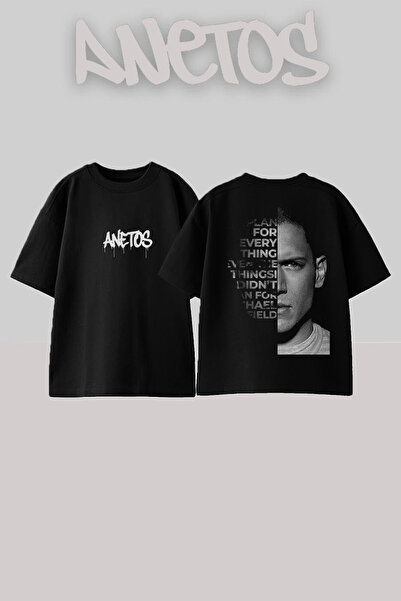 Anetos Scorfield Design Spate cu imprimeu Bumbac Negru supradimensionat tricou