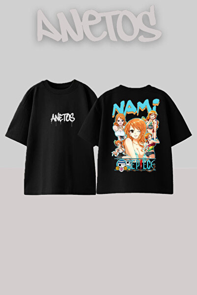 Anetos تي شيرت أسود كبير الحجم من القطن مطبوع عليه تصميم نامي