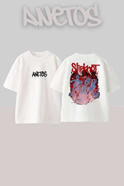 Anetos Slipknot 19 Design Back cu imprimeu Bumbac Alb supradimensionat tricou