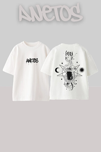 Anetos Gojira 6 Design Spate cu imprimeu Bumbac Alb supradimensionat tricou