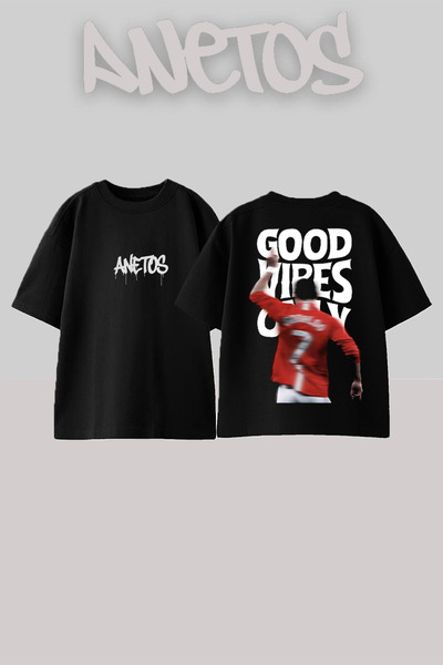 Anetos Μπλούζα Good Vibes Σχεδίαση με Τύπωμα στην Πλάτη από Βαμβάκι Μαύρη Ove...