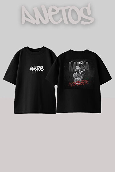 Anetos تي شيرت كونور مكجريجور 2 مطبوع من الخلف مصنوع من القطن باللون الأسود مقاس كبير