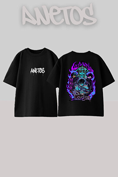 Anetos Solo Leveling 1 Design Back Printed Cotton Black Oversize T-Shirt