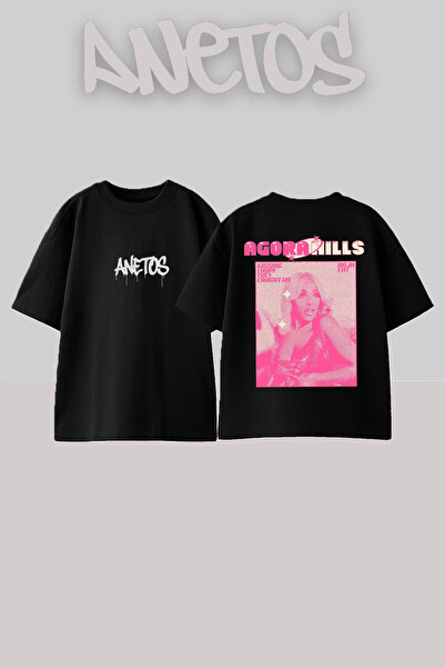 Anetos Agora Tasarım Sırt cu imprimeu Bumbac Negru supradimensionat tricou