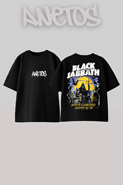 Anetos Black Sabbath 23 Design Spate cu imprimeu Bumbac Negru supradimensiona...