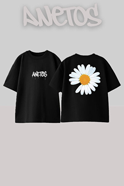 Anetos تي شيرت أسود كبير الحجم من القطن مطبوع عليه تصميم ديزي