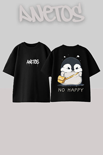 Anetos Μπλουζάκι Mutsuz Penguin Design Back με τύπωμα Cotton Black oversized
