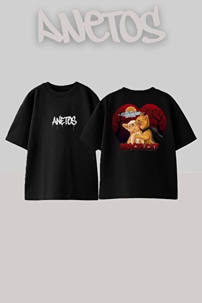Anetos Dracıl Cat Design Spate cu imprimeu Bumbac Negru supradimensionat tricou