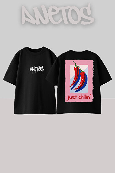 Anetos Червена пипер дизайн гърба отпечатани памук черно преоразмерени тениска