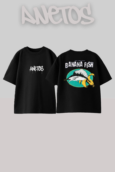 Anetos Banana Fish 9 Design Back cu imprimeu Bumbac Negru supradimensionat tr...