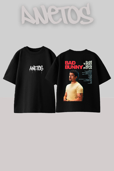 Anetos Bad Bunny 5 Design Back cu imprimeu Bumbac Negru supradimensionat tricou