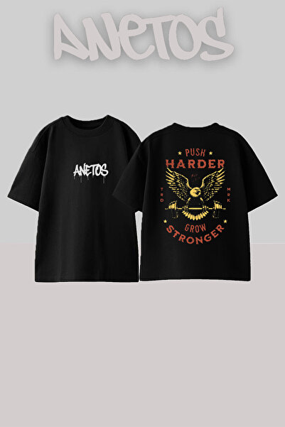 Anetos Push Harder Grow Design Spate cu imprimeu Bumbac Negru supradimensiona...