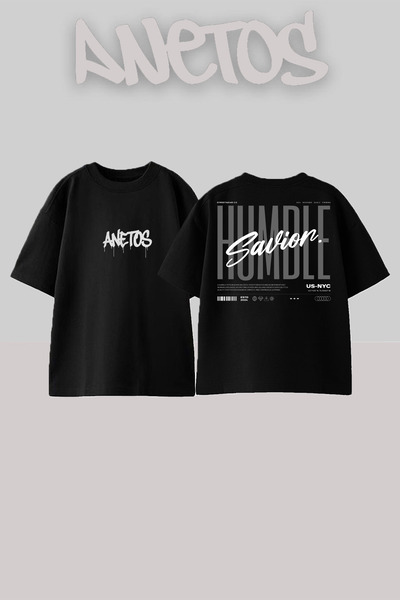 Anetos Tricou oversize negru din bumbac imprimat pe spate cu design Humble