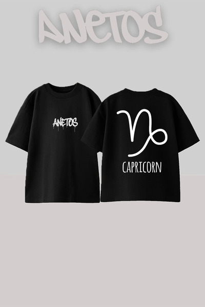 Anetos Capricorn Design Spate cu imprimeu Bumbac Negru supradimensionat tricou