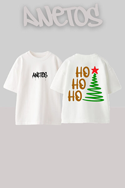 Anetos Hohoho Design Spate cu imprimeu Bumbac Alb supradimensionat tricou