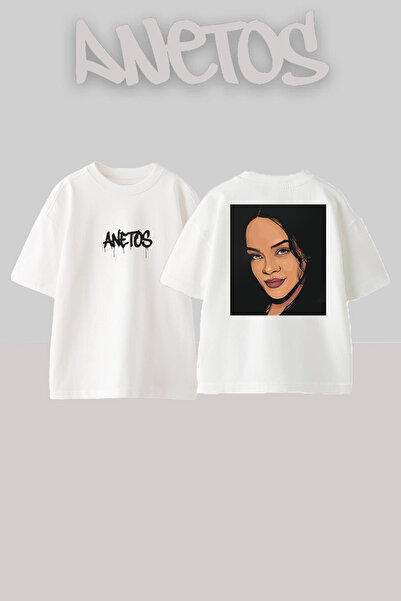 Anetos Μπλουζάκι Rihanna 3 Design Back με τύπωμα Cotton White oversized