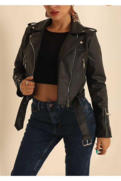 Azra Moda Style جاكيت جلد نسائي بتفاصيل سحاب على الأكمام