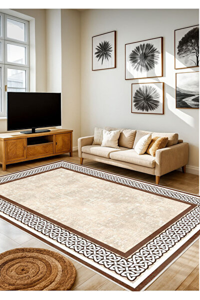 STY Home Krem Kahverengi Dijital Baskı Halı Kaymaz Tabanlı Yıkanabilir Halı Y...
