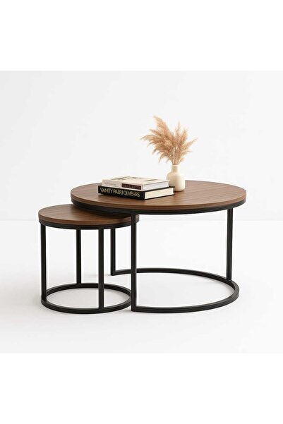 Golden Bark Double round nesting coffee table with modern design made of wood and black metal frame