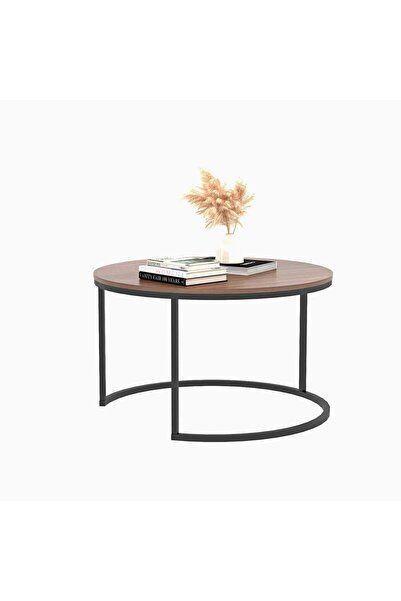Golden Bark Double round nesting coffee table with modern design made of wood and black metal frame