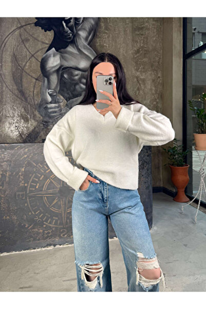 missswans Lurrey Yırtık Detay Yüksel Bel Geniş Paça Kot Pantolon Mavi