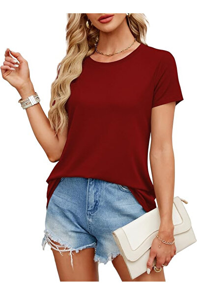 Amoretu Amurito Women's Summer Round Neck Slim Fit Short Sleeve Casual Long Blouse