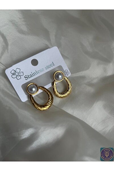 uyguntakıaksesuar Gold Halka ve İnci Detaylı Zarif Çelik Küpe – Kararma Yapmaz Şık Kadın Küpe