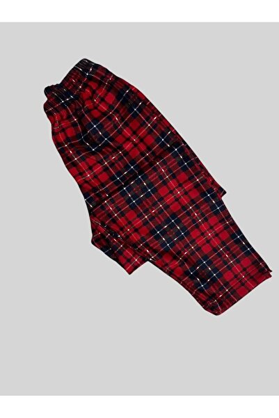 Nilsen Baba-Erkek Çocuk Pamuklu Süet Kumaş Kırmızı Ekose Desen Gömlek Yaka Boydan Düğmeli Pijama Takımı