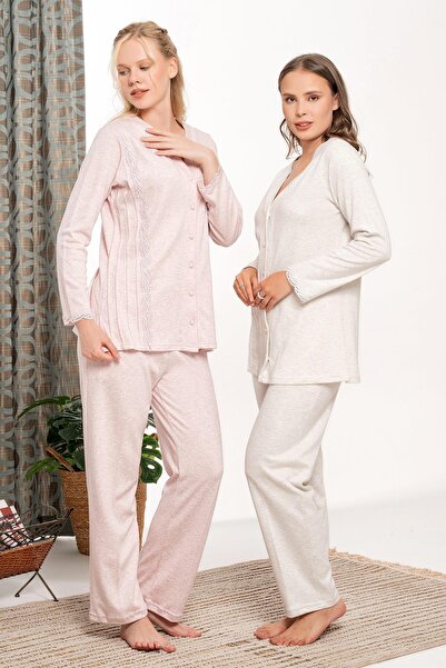 Lohusa Homewear طقم بيجامة للحوامل من مزيج الألوان البيج مع أزرار وتفاصيل دانتيل