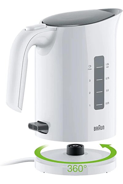 Brown Braun " PurEase Kettle, 1L, 2200 Watts, 3-Way protection, Rapid boil system 45sec WK3000 WH Electric