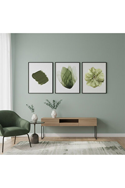 Linacci Set of 3 Black Metal Frame Green Flower Real Glass Painting