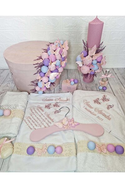 MILUNA Set personalizat pentru botez + cutie tematică cu fluturi