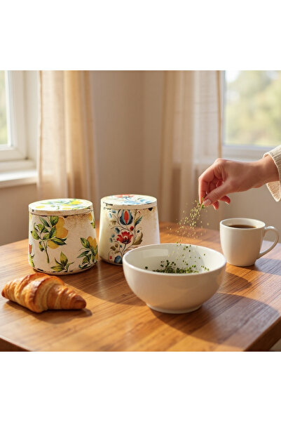 Atölye Kiraz Decorated Stone Powder Triple Storage Container Set: Butterfly, Flower, and Lemon Patterned Kitchen Utensils