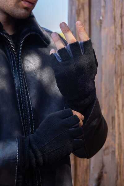 Mrey قفازات شتوية حرارية من الصوف المدخن باللون الأسود بنصف إصبع