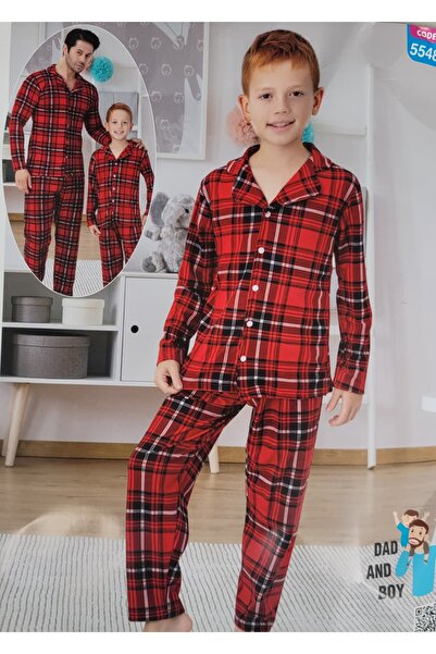 Nilsen Baba-Erkek Çocuk Pamuklu Süet Kumaş Kırmızı Ekose Desen Gömlek Yaka Boydan Düğmeli Pijama Takımı