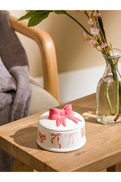 LC Waikiki وعاء تخزين سيراميك مطبوع عليه فيونكة حمراء من LCW HOME مقاس 9 سم