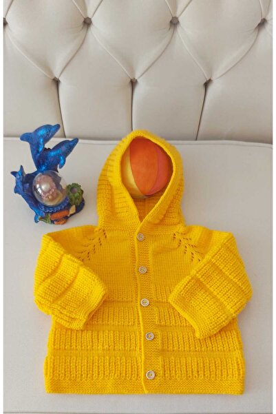 BEGİN Yellow Color Gift Hand Knitted Cotton Hooded Baby Cardigan 0 - 1 Years Old
