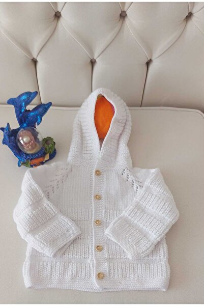 BEGİN White Color Gift Hand Knitted Cotton Hooded Baby Cardigan 0 - 1 Years Old