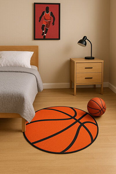 new colourse Basketbol Topu Desenli Yuvarlak Halı – Genç Odası Spor Konsept Halı