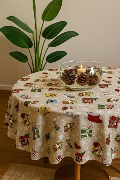 Zeren Home Liquid-Proof Christmas Patterned Linen Round Tablecloth