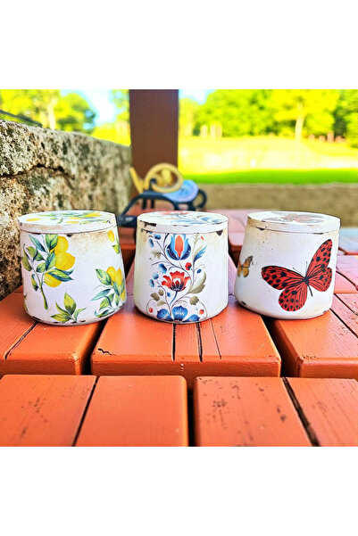 Atölye Kiraz Decorated Stone Powder Triple Storage Container Set: Butterfly, Flower, and Lemon Patterned Kitchen Utensils