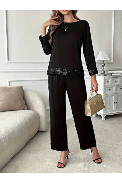 Genel Markalar Kadın Uzun Kollu Bisiklet Yaka Pulpayetli Viskon Iki Iplik Blu...