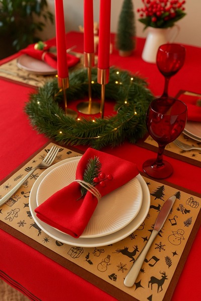 Dekals 40 Adet Rustik Noel Temalı Yılbaşı Sofrası İçin Kraft Servis Altlığı –...