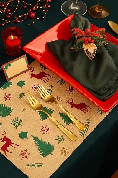 Dekals 40 Adet Renkli Yılbaşı Sofrası Sunum Aksesuar Kağıdı Tabak Altı Servis Kağıdı 25x35