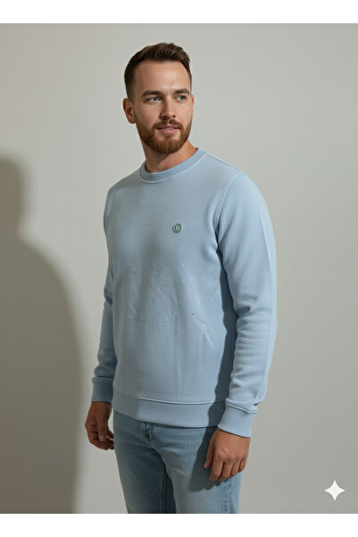 Erkek Açık Mavi Basic Bisiklet Yaka Pamuklu Sweatshirt